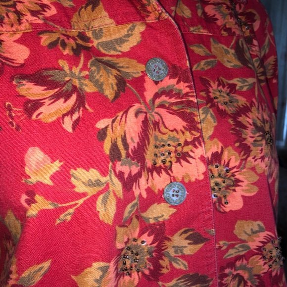 Alfred Dunner Red Floral Denim Jacket with Beaded Accents – Size 10P - Picture 8 of 10
